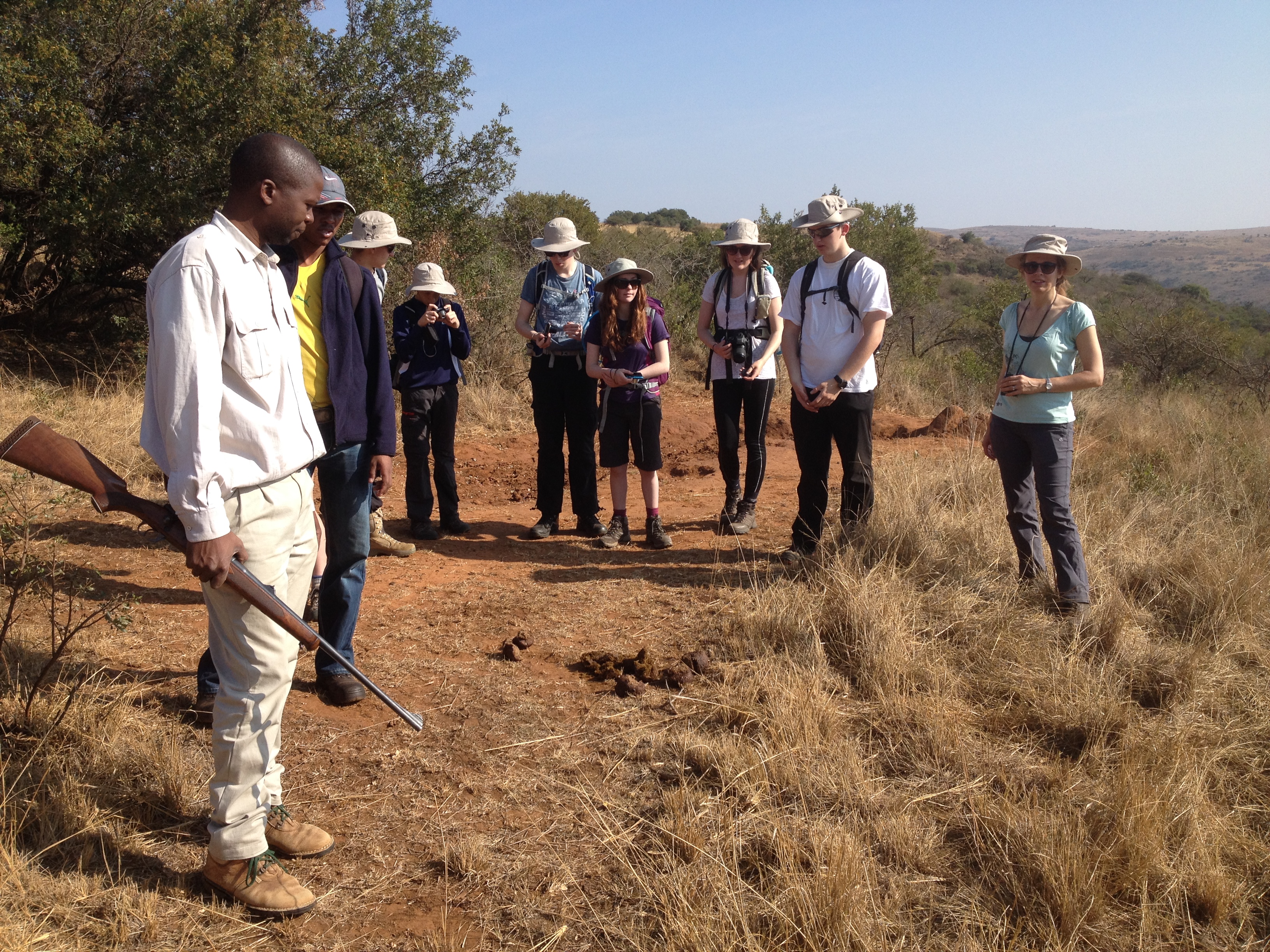 Jenny Mills, Archie parker, Brittany Collie, Kate Ward, Henry Brewster, and Kieran Walker tracking elephant in the Ithala Game Reserve
